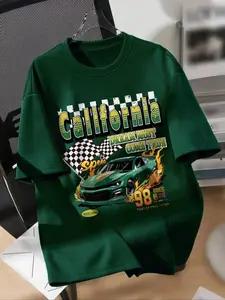 Women's Car & Letter Print Round Neck Tee, Street Figure Graphic Drop Shoulder T-Shirt, Ladies Summer Outfit, Casual Streetwear