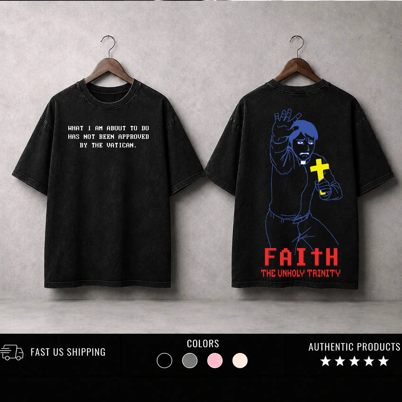 FAITH The Unholy Trinity Horror Game T-Shirt – Vintage Washed Pixel Exorcist Tee Heavyweight Cotton Unisex T-Shirt, Retro 8-Bit Horror Graphic, Dark Gothic Streetwear, Washed Black Oversized Tee, Menswear Gift for Horror Game Fans Fabric Top