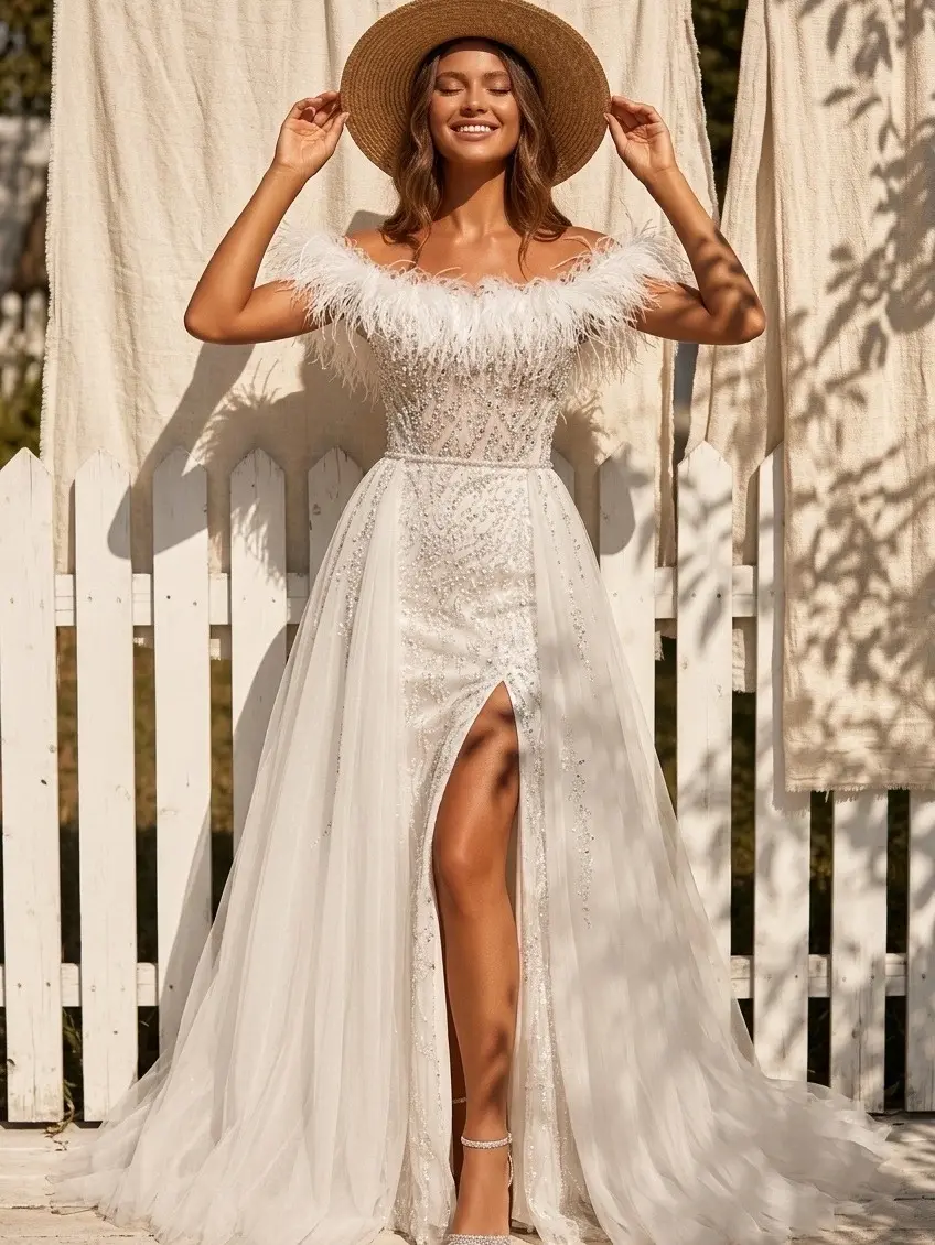 Elegant Glamorous Off-Shoulder Feather Beaded A-Line Tulle Dress, Sleeveless High Slit Floor-Length Formal Evening Gown for Gala, Prom, Wedding Reception & Special Occasions