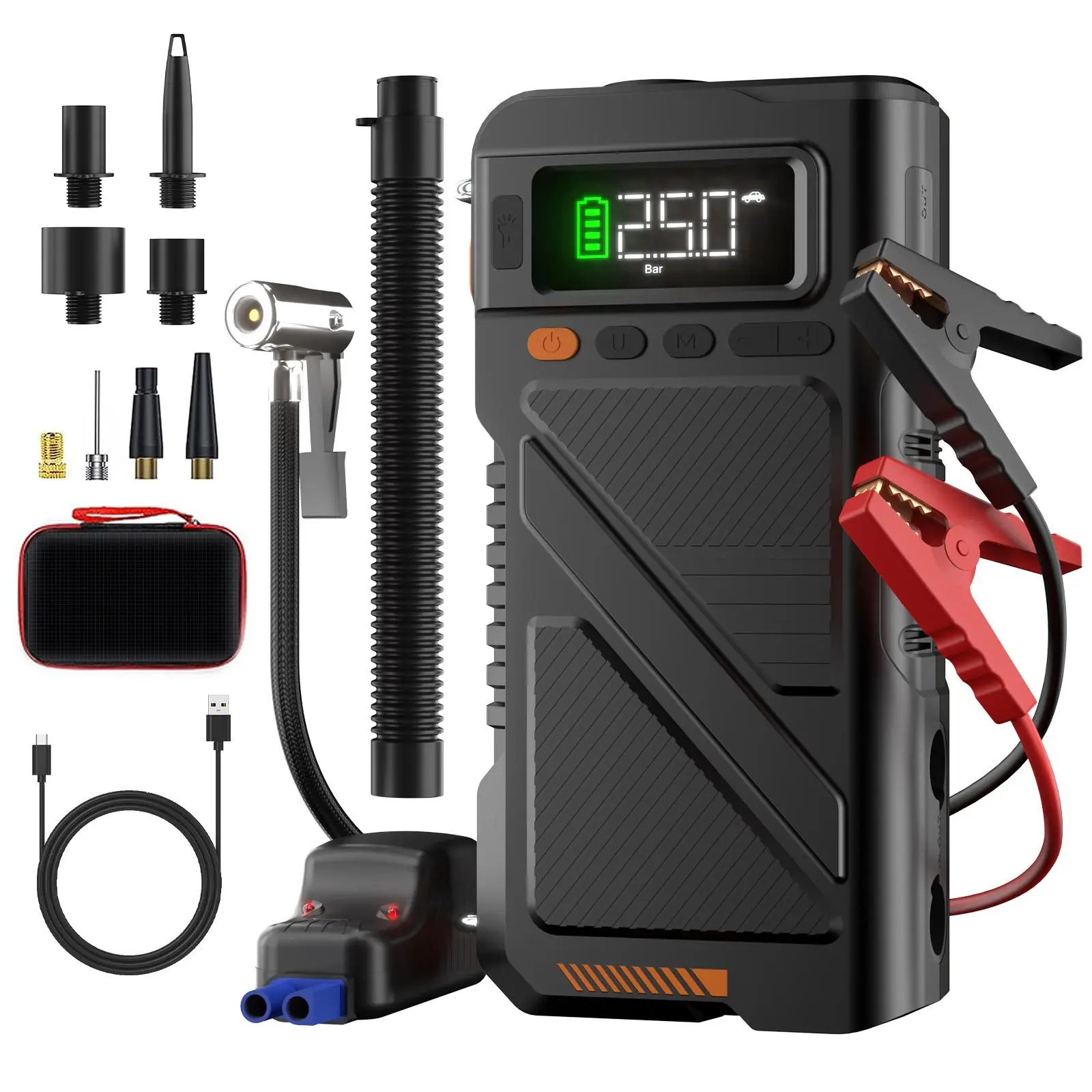 20000mAh Cordless Compact Wireless Car Jump Starter - 12V Automotive Tool with 150PSI Inflatable Air Compressor, Safe Clamps, LED Lights, USB Ports, Practical for 10L Gas Engines, Outdoor Use