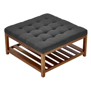 VEVOR Large Square Ottoman Coffee Table, 34.5 Inch Tufted Coffee Table with Solid Wood Shelf Storage, Linen Solid Upholstered Footrest Ottoman for Bedroom Living Room, 400 LBS, Dark Gray