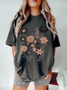Vintage embossed shirt, plant flower T-shirt, Bohemian style T-shirt, wildflower flower T-shirt, Floral