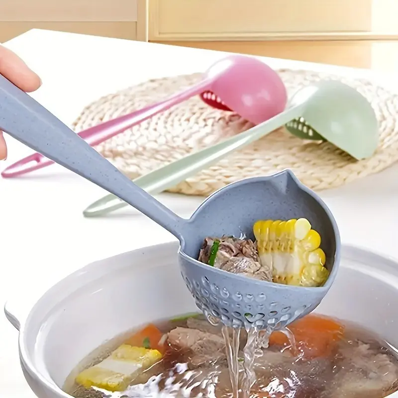 1pc 2-in-1 Cooking Ladle with Strainer, Solid Color Long Handle Design for Daily Use, Kitchen Gadget for Soups & Stews