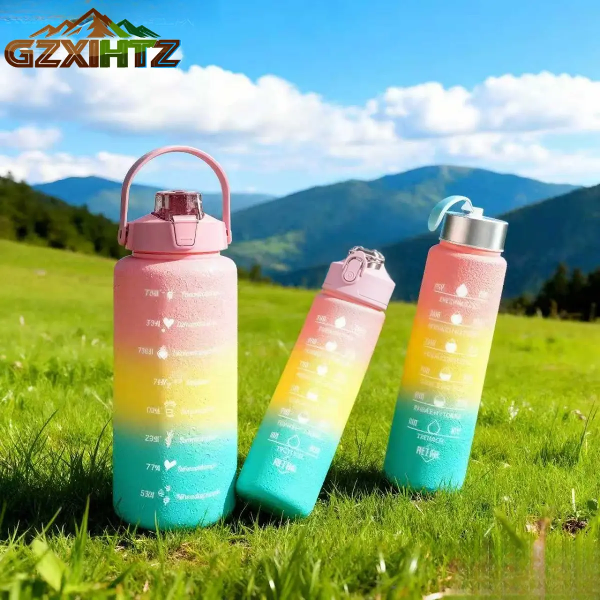GZXIHTZ 3-Piece Summer Gradient Sports Water Bottle Set, 40oz Reusable PC Travel Bottled Drinkware Tumbler with Time Marker, Leakproof Washable Sporty Chic Portable for Fitness Lovers Hydration, Leak-Proof, 1,000-2,000 Ml, Lightweight, Great For Gym, Trav
