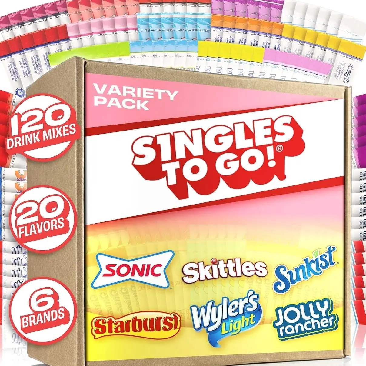 Singles To Go! 120ct Bulk Variety Pack - 20 Different Flavors from Skittles, Sonic, Sunkist, Starburst and More - Sugar Free Drink Mix Packets - Sugar Free Water Flavoring Packets