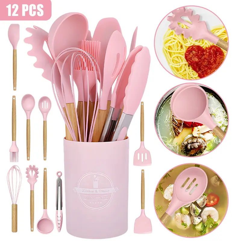 12-Piece Silicone Kitchen Utensils Set with Wooden Handles - Heat Resistant Spatula, Turner, Non-Stick Cooking Accessories, Hand Wash Durable Kitchenware, Storage Rack, Ideal Gift for Mum for Thanksgiving, Housewarming (Kitchen Accessories Included)