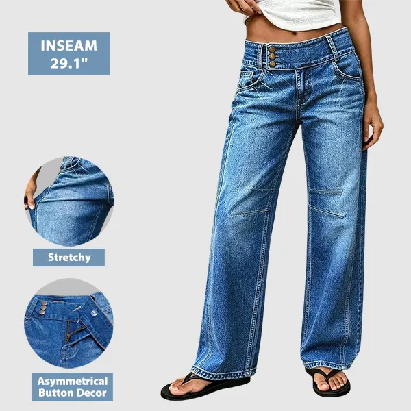 Flamingals Asymmetrical Button Decor Stitch Decor Mid Waist Straight Leg Jeans Stretchy 29.1'' Inseam Flamingals Asymmetrical Button Decor Stitch Decor Mid Waist Straight Leg Jeans Stretchy 29.1'' Inseam