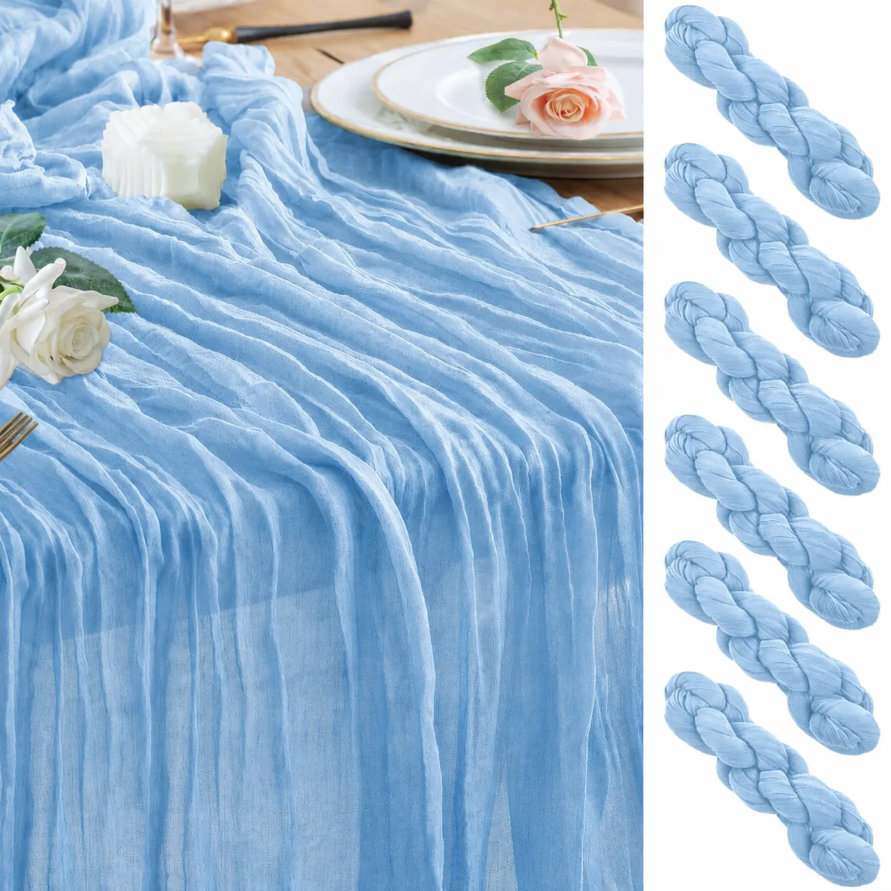 6/10 Pack Light Blue 17*108inch 9FT Table Runner Cheesecloth Semi Sheer Boho Gauze Cheese Cloth Fabric Table Runners Table Decor for Wedding Party Baby Shower Birthday Home Decor Garden Farmhouse