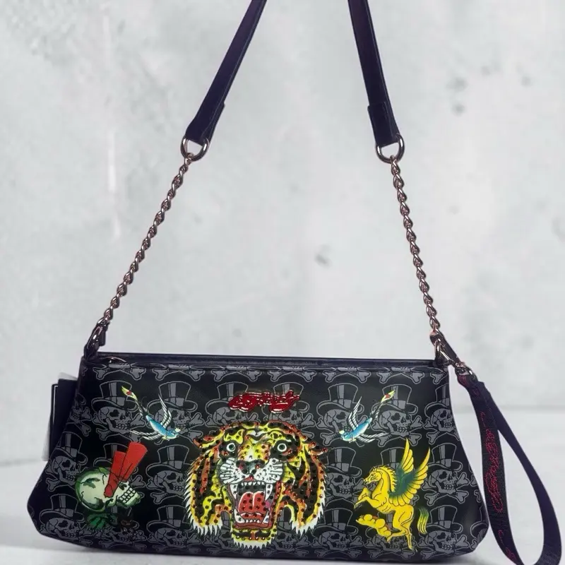Ed Hardy Tiger Skull Shoulder Bag Black Y2K Baguette Purse Chain Strap Tattoo NWT