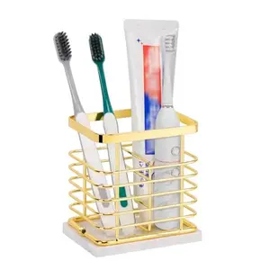 HarJue Toothbrush Holder, Luxurious Metal Toothbrush Toothpaste Holder with Marble Base for Bathroom, Multi-Slots Openwork Design, Bathroom Accessory for Storage and Organizer (Small, Gold)