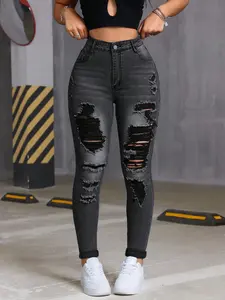 Women's Trendy Fashion Ripped Denim High Stretch Comfortable Slim Fit Pants, Casual Young Style Long Trousers for All Seasons