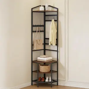 【FathersDayGift】VEVOR Corner Hall Tree, 71.3 in Coat Rack with Hooks, Top Shelf & Steel Frame, Freestanding Clothes Shoes Rack Storage Organizer with Anti-Tip Set, Adjustable Non-Slip Feet for Entrance Closet Office