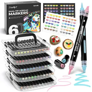 [Summervibes]36/60 Colors Dual‑Tip Acrylic Paint Markers with Clear Acrylic Plastic Storage Case, Broad & Brush Tip Pens, Automatic Ink Control Premium Paint Pens for Multi‑Surface Coloring, DIY Crafts & Art Supplies summerwins