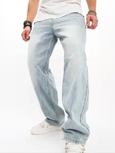 Men's Loose Stretch Button Fly Straight Leg Light Wash Jeans, Classic Casual Streetwear Comfy Pocket Denim Pants for Daily Wear, Fashion Men's Bottoms for All Seasons