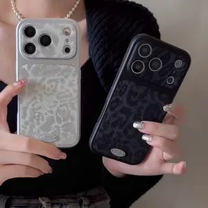 Faux Suede Snake Print Logo Phone Case for iPhone 13 14 15 16 17 Pro Max with Satin Ribbon Lanyard Minimalist Aesthetic Design