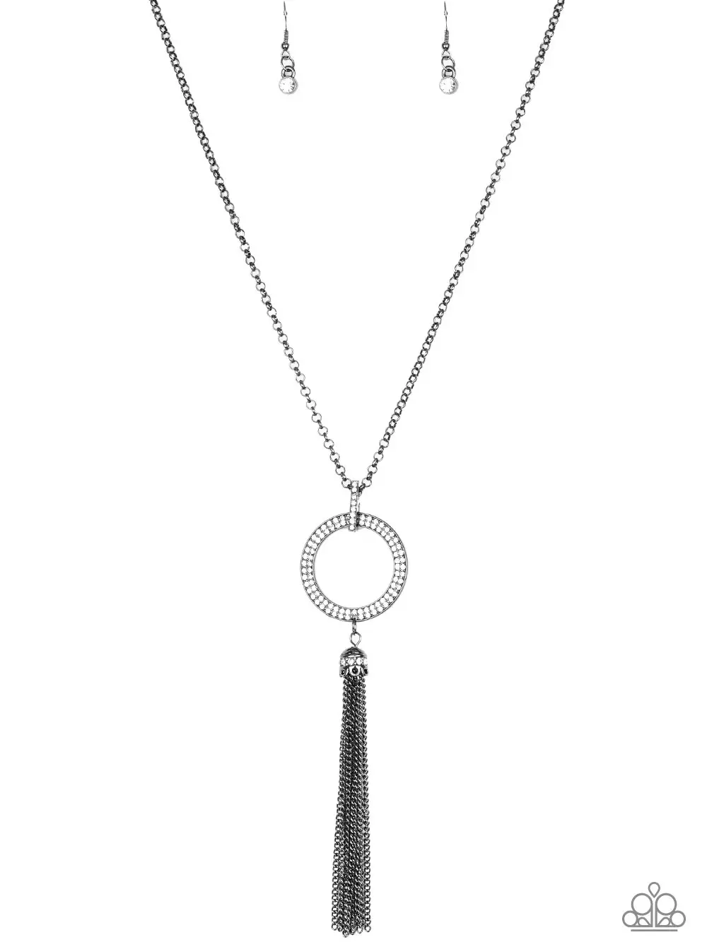 Straight To The Top - Tassel Necklace - Metal Elongated Chain with White Rhinestone Encrusted Circle Pendant and Tassel of Chains