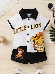 2-piece Cute, Comfortable And Breathable Cartoon Number Pattern Letter Printed Cardigan And Lion Pattern Printed Denim Shorts Suitable For Daily Leisure Vacation And Outings