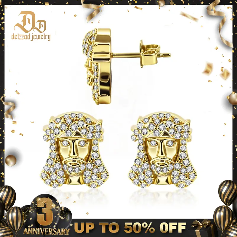 Delzzad 14K Gold-Plated Divine Sparkle Iced Messiah Stud Earrings Unisex Hip Hop Jesus Head Earrings Synthetic Moissanite Stud Earrings Moissanite Earring Jewelry Perfect Gift for Men Women