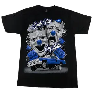 Blue Rose Funny Smile Now Cry Later Chicano clothing T-Shirt S-3XL Casual Cotton Streetwear Classic Fabric