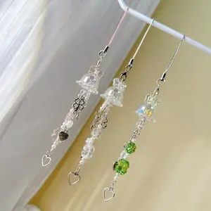 Cute Jellyfish Four Leaf Clover Phone Charm Trendy Beaded Mobile Phone Chain Lanyard Bag Card Book Pendant Keychain