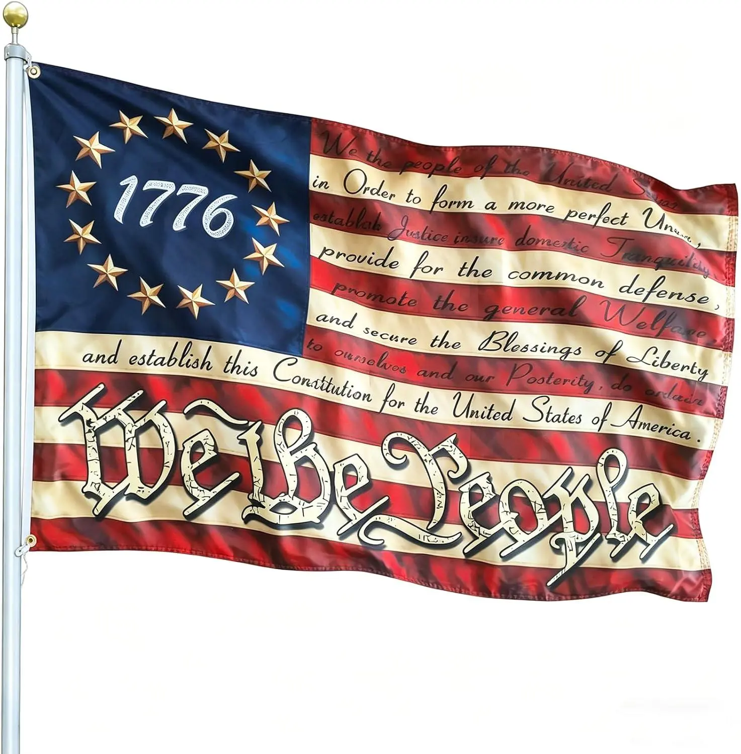 We The People Flag 3x5 Ft Outdoor - Vintage 1776 Betsy Ross 13 Star American Flag - Tea Stained 250 Anniversary USA Constitution Patriotic Flags with 2 Brass Grommets Decor | Flag 3.5ft For Home Decoration, Outdoor & Garden
