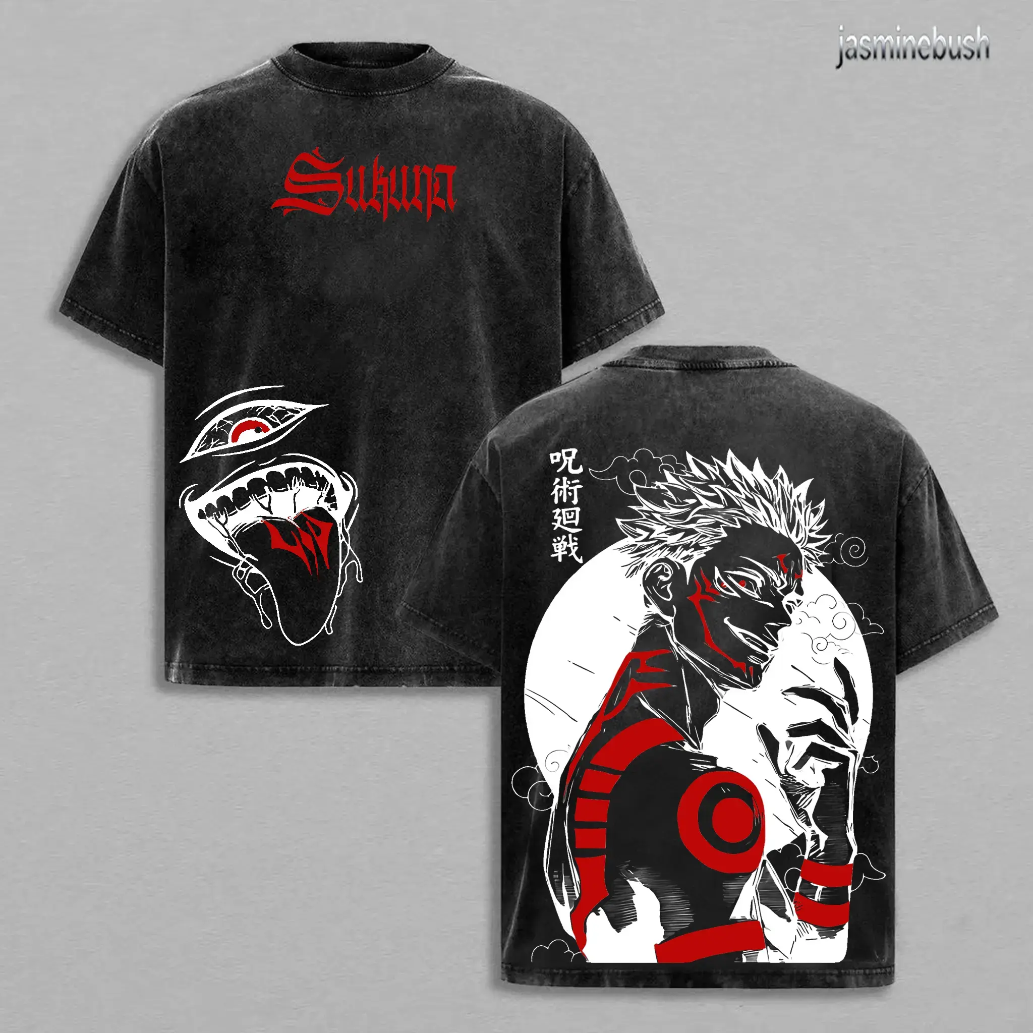 Men's Relaxed Oversized Round Neck Shortsleeve Premium Cotton T-Shirt - Jujutsu Kaisen Execution Movie Culling Game Arc Washed Vintage Double-Printed Ryomen Sukuna Vessel Curse King Unisex Streetwear Anime Art Top, Japanese Otaku Gift, Tshirt