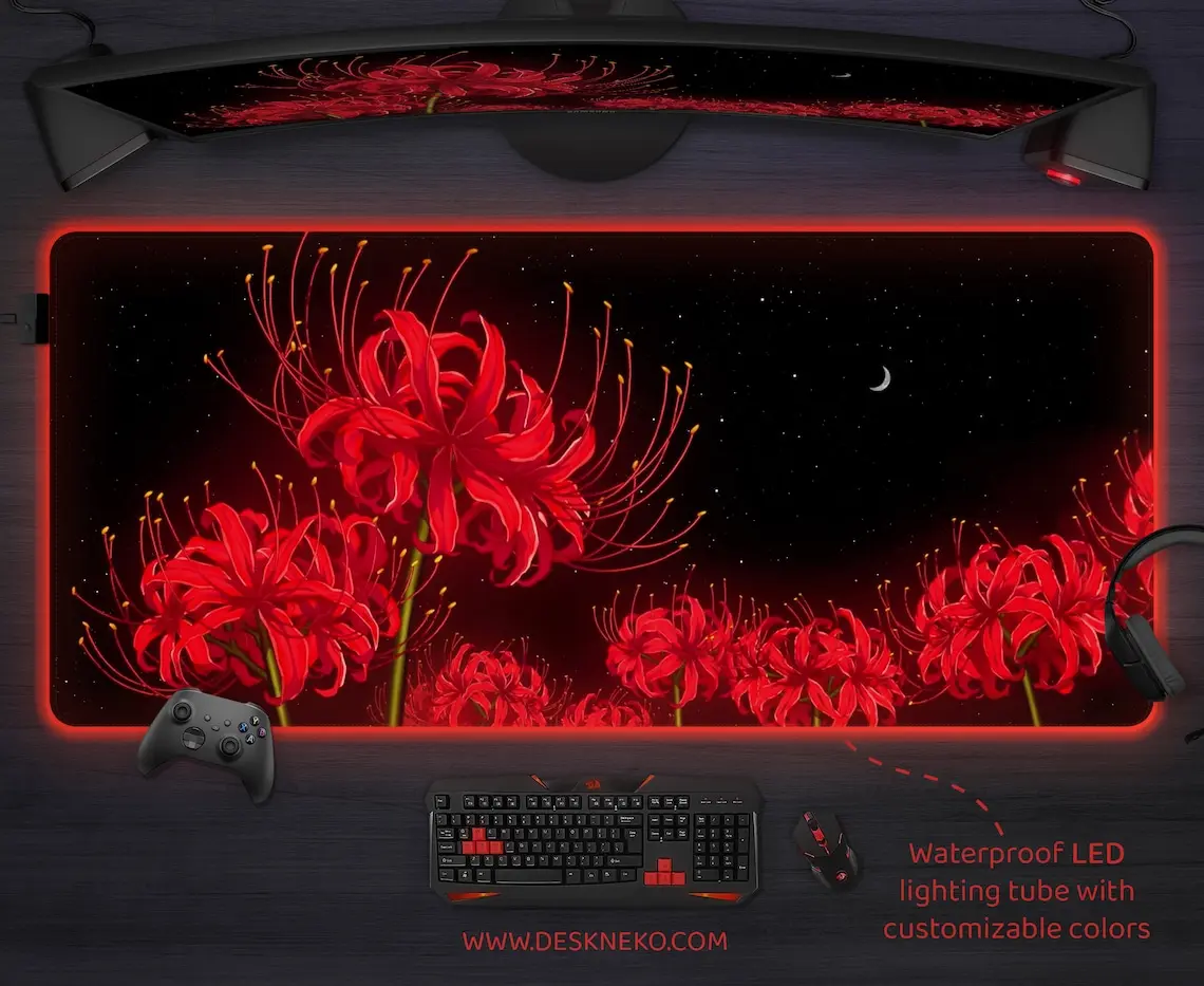 Red Spider Lily Desk Mat Death Flower, Anime mousepad aesthetic, Large mouse pad wisteria demon, XXL gaming deskmat, wrist rest