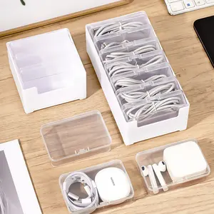 Cable Management Box Set, Desktop Charging Line Organizer with Power and Data Storage, Mobile Device Charger Coiler, Headphone Storage, White