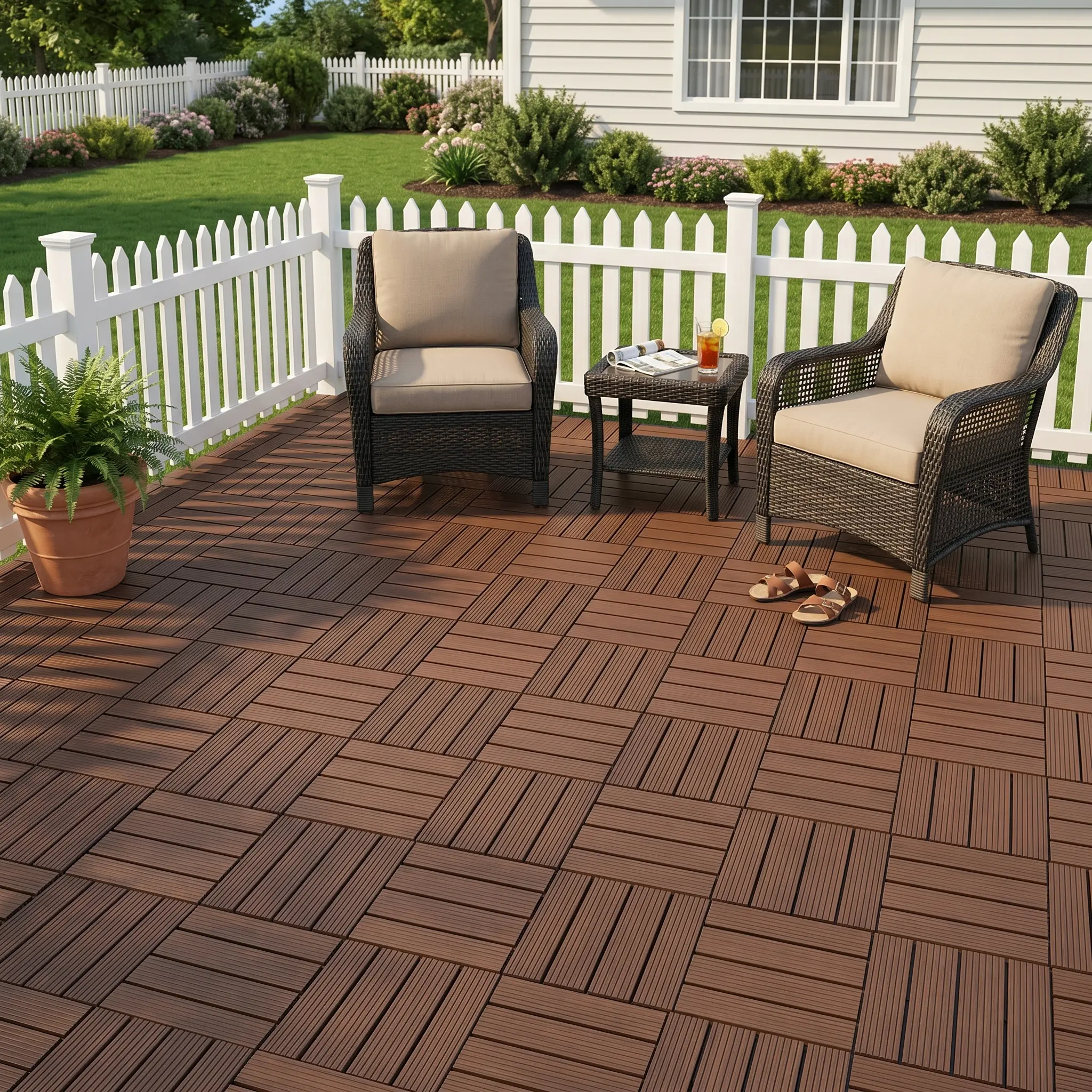 Plastic Interlocking Deck Tiles, 44 Pack 12"x12" Waterproof Non-Slip Outdoor Patio Flooring, All Weather Drainable Snap Together Decking Tiles for Poolside, Porch, Garden, Backyard & Shed Floor,Brown