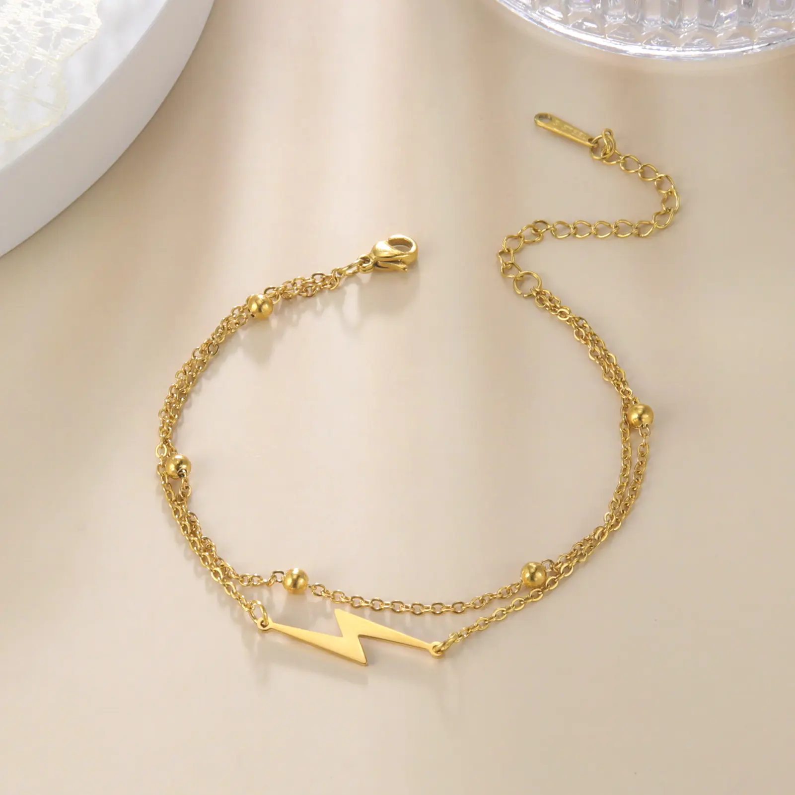 Women's Golden Layered Anklet with Lightning Charm, Boho Beaded Artificial Gemstone Jewelry, Adjustable Daily Unisex Fit Versatile Accessory, Trendy Summer Beach Jewelry, Trendy Jewelry, Fashion Jewelry