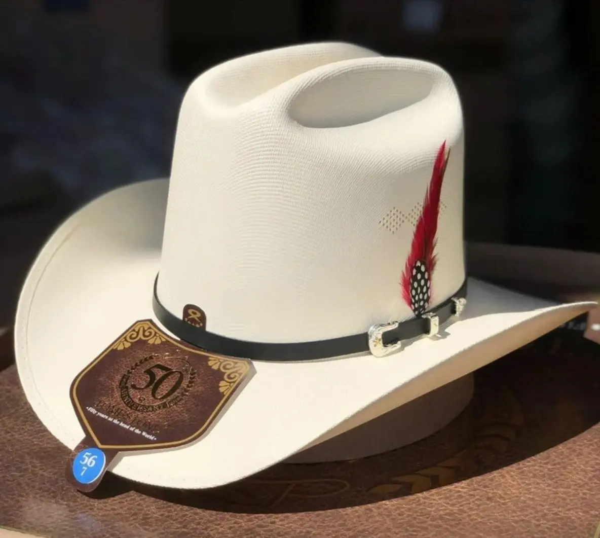 Tombstone Sombrero 1,000X Los Dos Carnales con Plumas Handcrafted Cowboy Hat El Viejon Model 5 Inch Crown 3 1/4 Inch Brim Mexican Hat