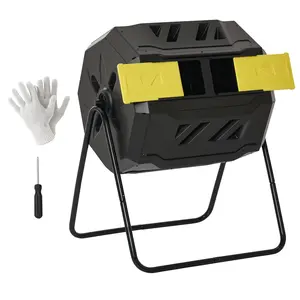 Dual Chamber Tumbling Composter – Compost on One Side While Adding Fresh Waste to the Other. Constant Exchange Creates Continuous Cycle. 43 Gallon Capacity. Yellow