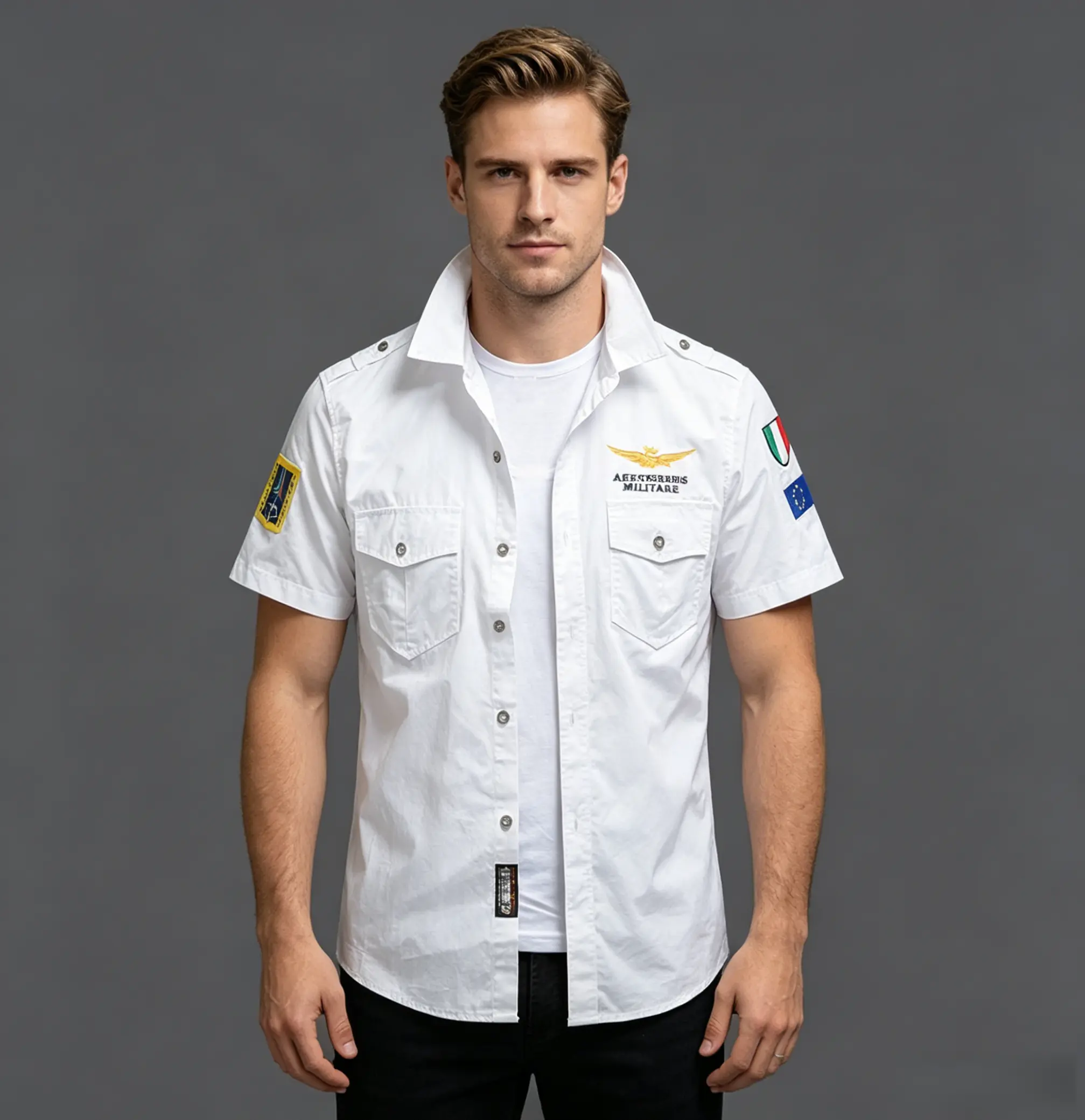 Men’s short-sleeve pilot shirt, military-style work shirt with embroidered badges, summer casual menswear Mens