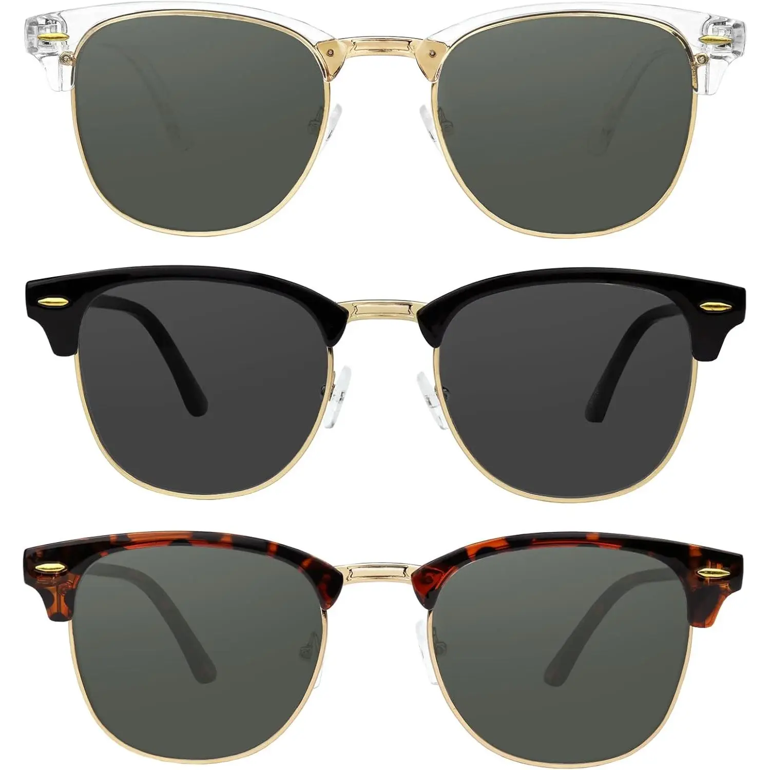 Women's & Men's 3-Pack Polarized Semi-Rimless Browline Sunglasses Set - Shatterproof, 100% UV Protection, Retro Classic Design