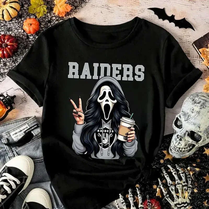 Women's Casual Cotton Graphic T-shirt - Halloween Football Skull Print, Coffee Theme, Round Neck Short Sleeve, Everyday Casual Streetwear Top