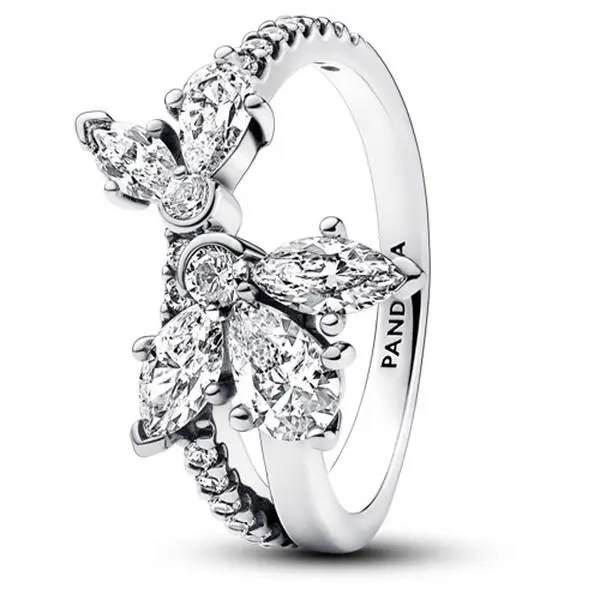 925 Sterling Silver PANDORA Sparkling Asymmetrical Herbarium Cluster Ring, Size 54, 193023C01, Organic-Inspired Design, Pave Band, 3 Marquise-Shaped Stones, Pear-Shaped Stones, Half-Covered Pave, Natural Accents, Showstopper, Three Marquise-Shaped Stones