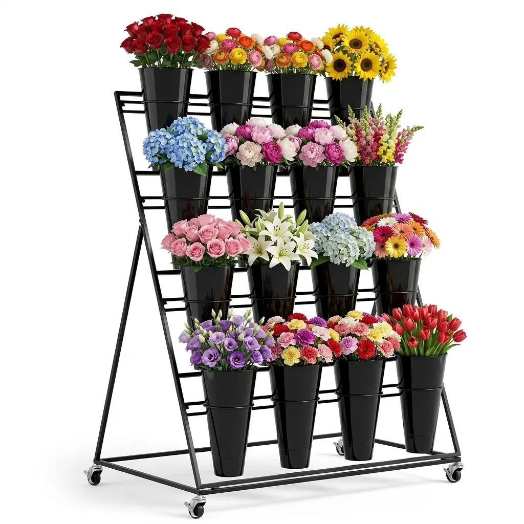 Flower Display Stand with Buckets, 4 Layers 16PCS Buckets Metal Flower Cart Display Stand with Wheels, for Patio Garden, Living Room (4 Layers Round Bucket)