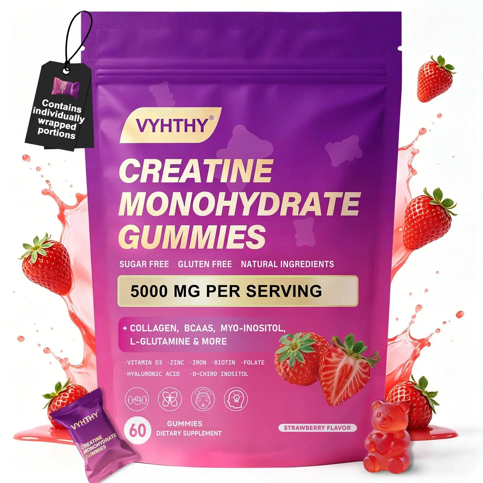VYHTHY Chewable Creatine Monohydrate Clean Supplements - 5000 mg Creatine per Serving, Collagen, Sugar-Free, Gluten-Free, Energy Amino Acids, Supports Muscle Fitness, Strength, Recovery
