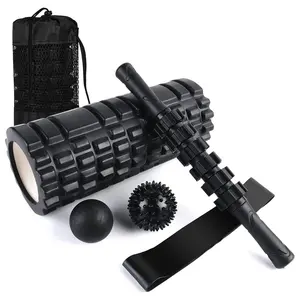 6 in 1 Foam Roller Set Includes Hollow Core Massage Roller, Yoga Stick, Massage Ball, Fitness Stretching Strap, Carrying Bag, Towel, Massage Roller
