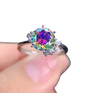 PHIMSERA 2CT VVS1 Round Brilliant Cut Iridescent Rainbow Moissanite Ring 8mm Size 9mm Band 2mm Sparkling Gemstone Jewelry