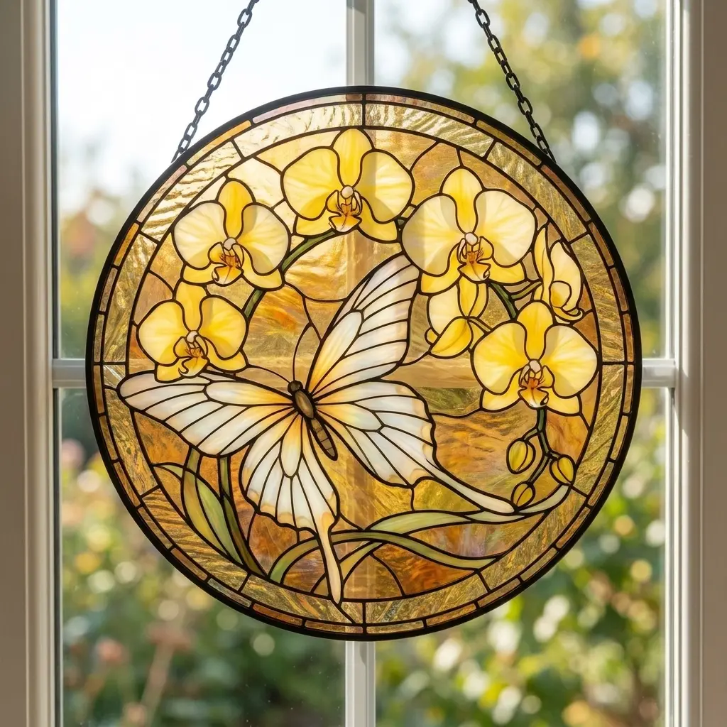 Glass Butterfly Orchid Suncatcher Hanging, Stained Glass White Butterfly & Yellow Orchid Window Panel, Floral Sun Catcher Home Decor Gift