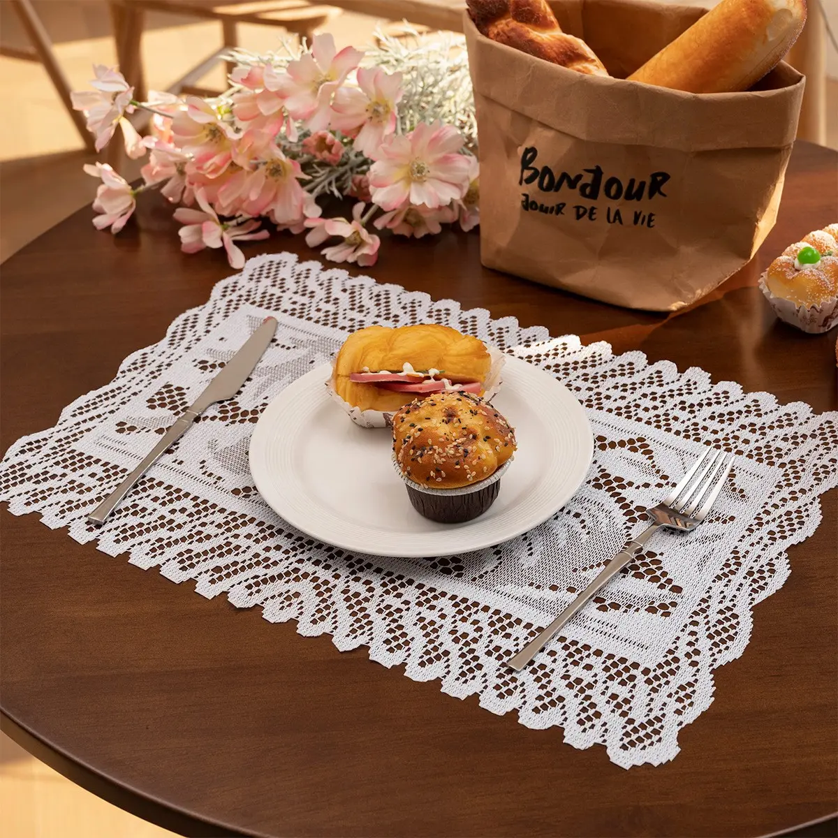 1pc Cotton Thread Table Runner Hollow Crochet American Country Large Flower Pattern Hotel Home Dining Table Mat, Decorative Linen Cloth