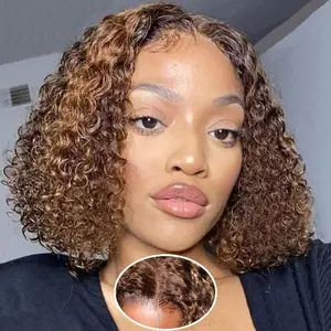 Wear and Go Glueless Curly Wigs Human Hair Pre Plucked 4/27 Highlight Blonde Deep Wave Bob Wig Human Hair Wigs for Black Women 180 Density Pre Cut 13x4 HD Lace Closure Bob Wig 12inch