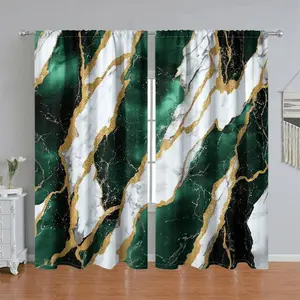 2Pcs Emerald Green Marble Gold Vein Curtains, Home Decorative Curtain, Modern Abstract Pattern Pole Pocket Style, Semi Sunshade Polyester Fiber Window Drapes, Home Decor Accessories