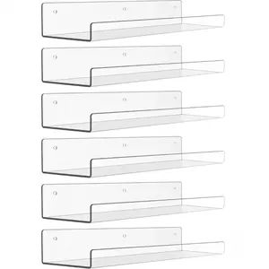6 Pack Acrylic Shelves for Wall Storage, 15" x 4" Floating Bookshelves for Kids, Display Shelf Organizer for Bathroom, Bedroom, Living Room, Kitchen, Room Decor, Clear