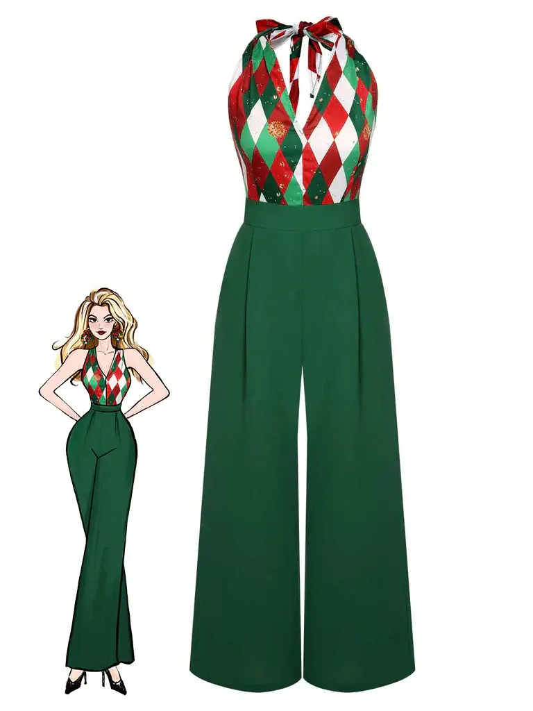 RETRO STAGE Women's Lady Green 1930s Christmas Plaid Lace Unique Patchwork Sleeveless Drop-Shoulder Fitted Minimalist Polyester Jumpsuit Overalls with Zipper, Chic Casual & Dressy Casual Romper, Chic Casual Jumpsuit