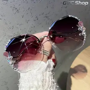 Luxurious Rhinestone Frameless Women Sunglasses, Elegant Gradient Round Lens Fashion Eyewear, Stylish Accessories for Summer Beach & Travel #summervibes