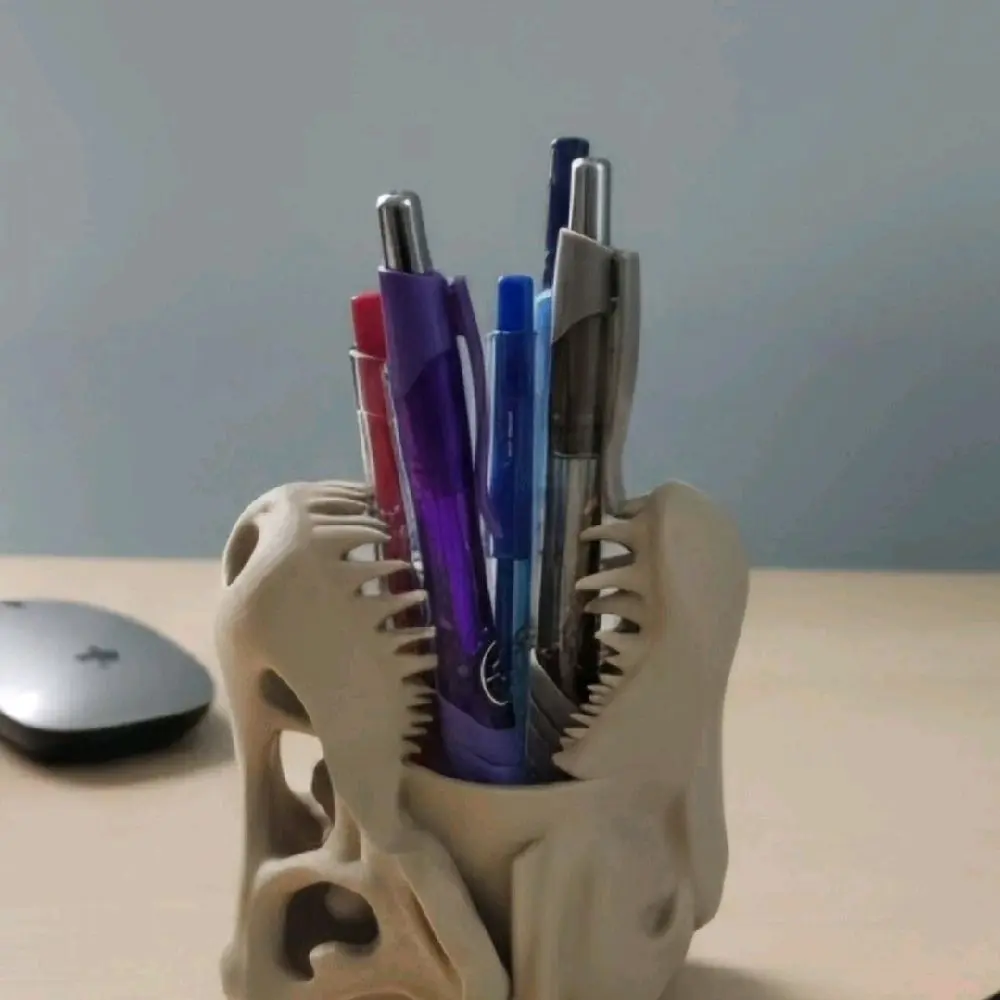 T-Rex Skull Holder – Gothic Desk Organizer, Pen Holder, Halloween Decor