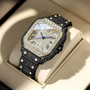 Dayand Night 2025 Men's 42mm Square Face Elegant Quartz Watch - Stainless Steel Wristwatch with Iced-Out Moissanite Roman Numerals, Analog-Digital Waterproof Timepiece for Business Banquets & Daily Wear, Ideal Men's Gift Accessory