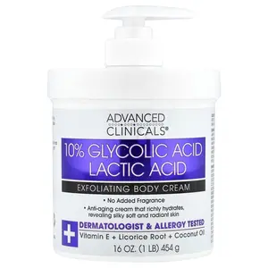 Advanced Clinicals 10% Glycolic Acid, Lactic Acid, Exfoliating Body Cream, 16 oz (454 g)